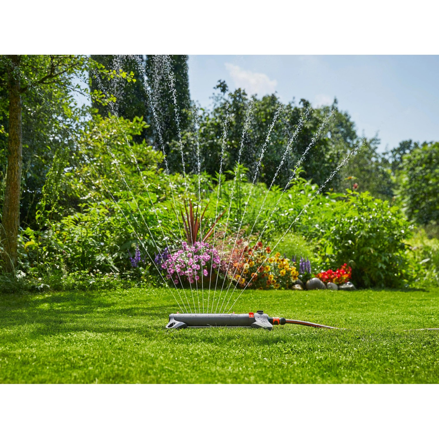 Irrigatore oscillante Gardena AquaZoom S che irriga il prato in giardino.