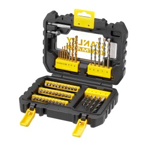 Set di punte e inserti Stanley in custodia nera con supporti gialli.