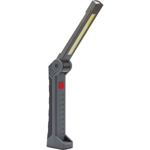 Lampada da lavoro a LED pieghevole nera e grigia, ricaricabile, 300 lumen per officina e cantiere.
