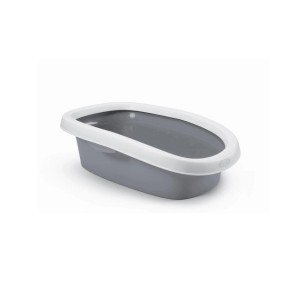 Lettiera per gatti grigia con bordo bianco.