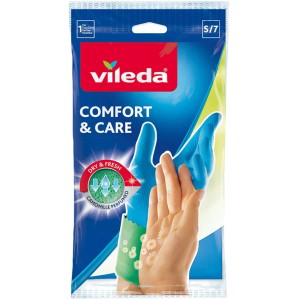Guanti per la casa Vileda Comfort & Care taglia S, blu, con camomilla e lozione idratante.