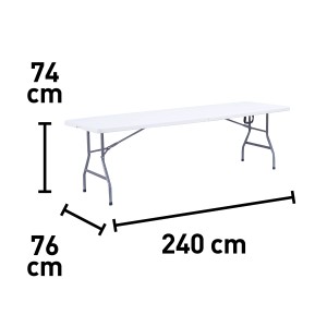 Immagine con dimensioni del tavolo da birreria: 240 cm di lunghezza, 76 cm di larghezza e 74 cm di altezza.