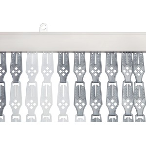 Tenda per porta t.b.t., maglie in plastica grigio e bianco.