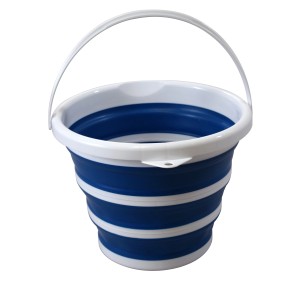 Secchio pieghevole blu e bianco con manico, ideale come pattumiera.