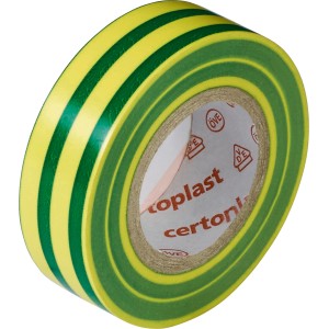 Rotolo di nastro isolante OBI, a strisce verdi e gialle, larghezza 25 mm e lunghezza 10 m.