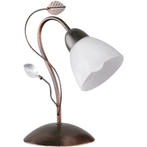 Lampada da tavolo Trio Traditio in ruggine anticata con paralume bianco e foglie decorative.