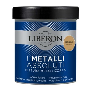 Barattolo blu scuro di vernice metallizzata Liberon, tonalità Oro Giallo Brilliante.
