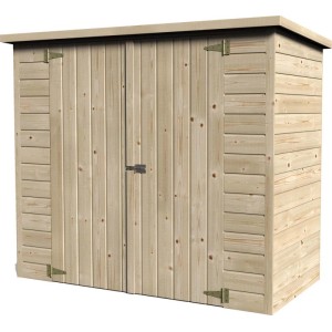 Box per biciclette in legno chiaro con doppie porte. Ideale per riporre le bici in sicurezza.