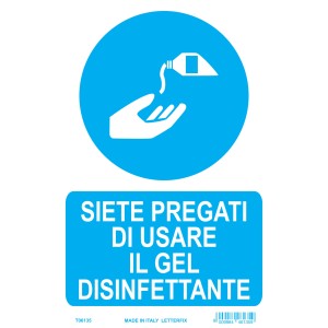 Cartello blu: Si prega di usare il gel disinfettante. Avviso di igiene.