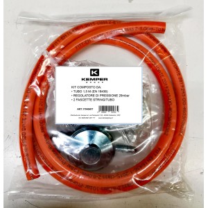 Kit t.b.t. per barbecue: tubo, regolatore di pressione e fascette stringitubo.