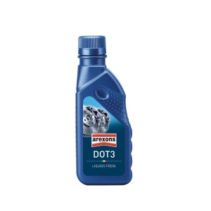 Flacone blu di liquido freni DOT3 Arexons per la riparazione auto.