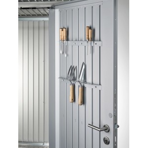 Portautensili Biohort per porta casetta AvantGarde, argento metallizzato con attrezzi.