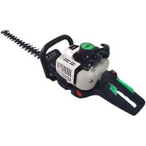 Tagliasiepi a scoppio con manico nero e blocco motore argentato.