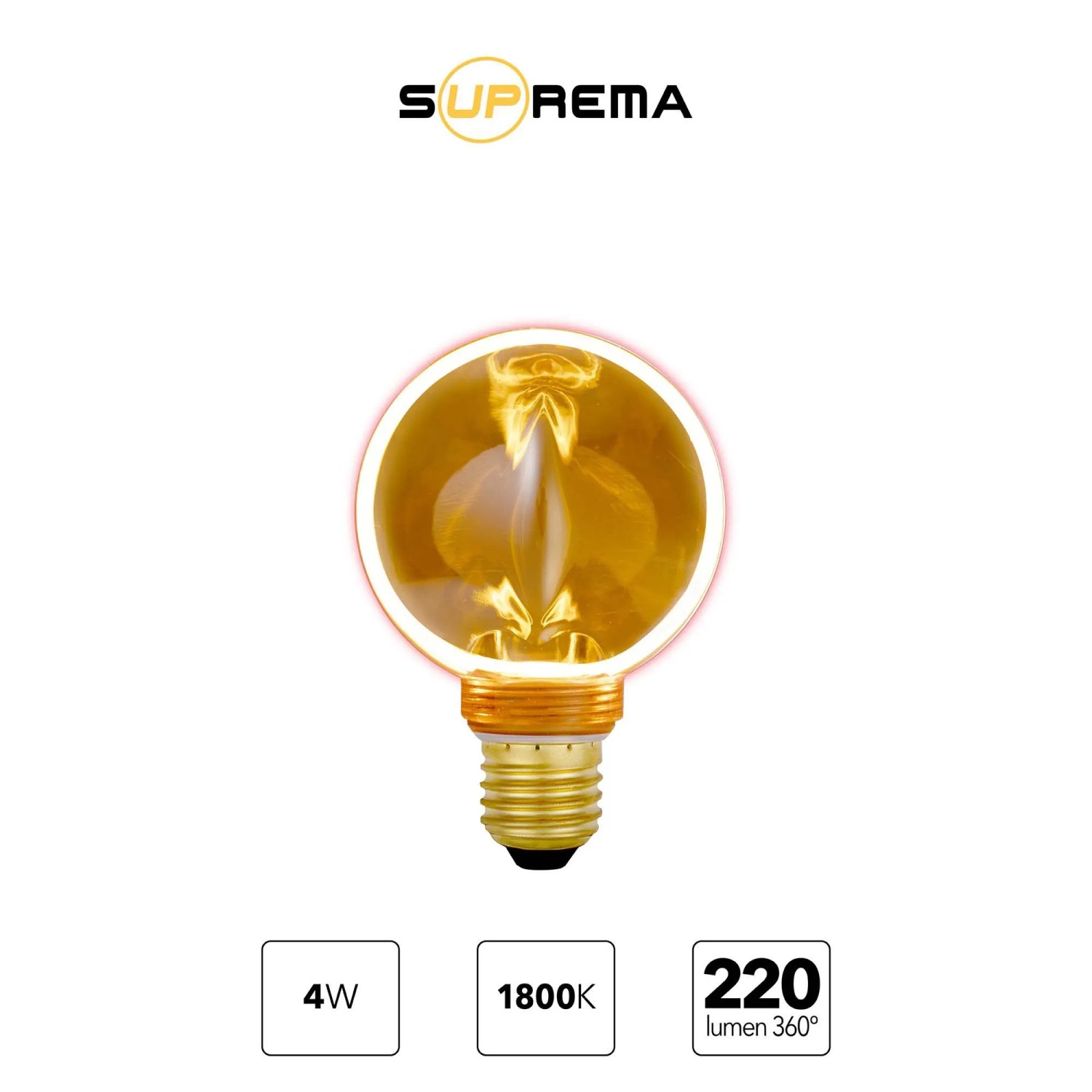 Lampadina LED E27 decorativa con luce bianca calda e bulbo in vetro rotondo.