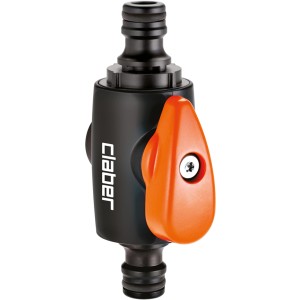 Raccordo per rubinetto Claber per sistemi di irrigazione con maniglia arancione.