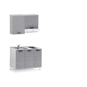 t.b.t. Cucina completa con lavello, piano cottura e cappa aspirante in grigio.