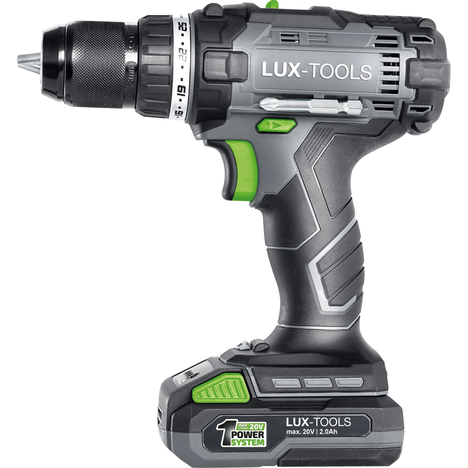 Trapano avvitatore a batteria LUX del set 3in1, batteria 20V, grigio/verde.