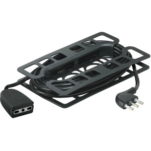 Avvolgicavo nero t.b.t. per prolunghe, arrotolato e con spina.