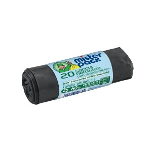Rotolo di sacchi neri per immondizia Mister Pack, 20 pezzi, 50-60cm, con stampa.