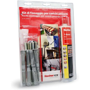 Kit di fissaggio Fischer per carichi pesanti, include tasselli, viti e adesivo di montaggio.
