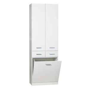 Mobile bagno bianco con cesto portabiancheria, cassetti e ante. Arredo bagno contenitivo.