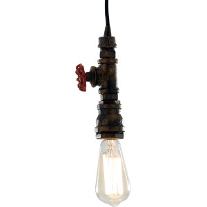 Lampada a sospensione Amarcord Luce Design marrone ruggine in stile industriale con valvola rossa.