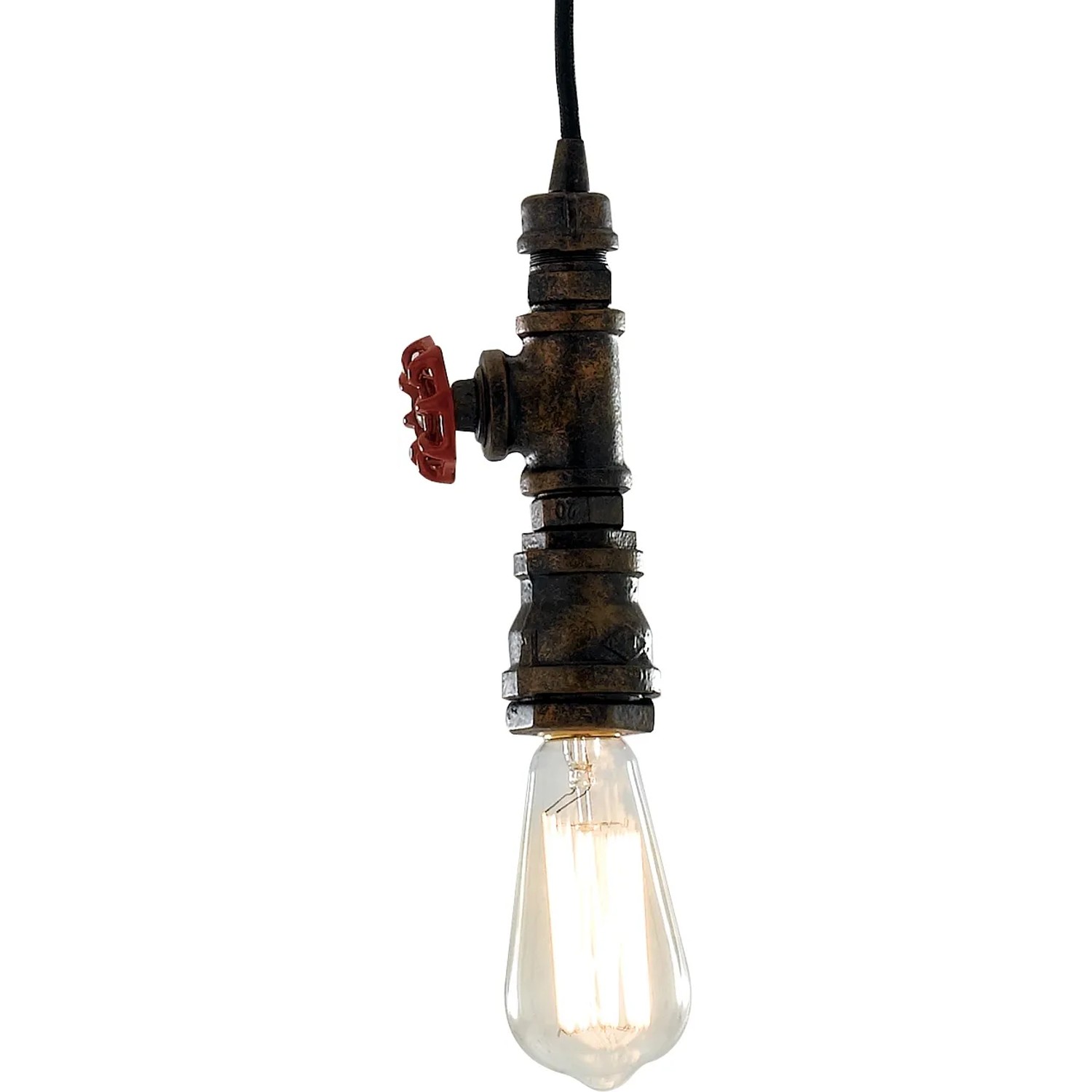 Lampada a sospensione Amarcord Luce Design marrone ruggine in stile industriale con valvola rossa.