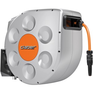 Avvolgitubo grigio con tubo arancione e logo Claber.