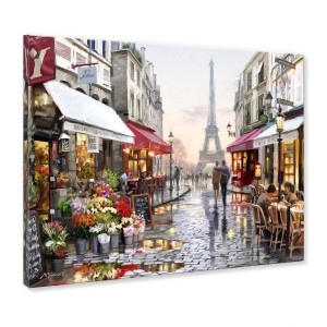 Dipinto di una scena di strada parigina con la Torre Eiffel sullo sfondo. Quadri.