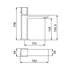 Disegno tecnico: t.b.t. rubinetto lavabo con dimensioni.
