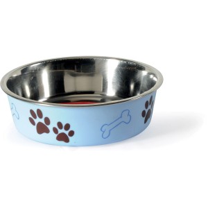 Ciotola per cani azzurra con motivo a zampe e ossa.