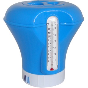Galleggiante dosatore Summer Fun blu con termometro per la cura della piscina.
