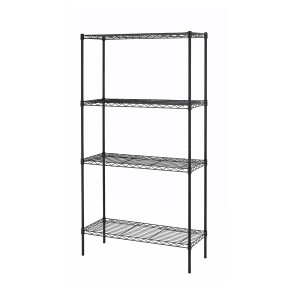 Scaffale da cucina nero in filo metallico a quattro ripiani.