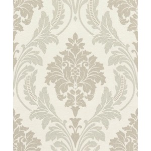 Carta da parati decorativa con motivo floreale beige e bianco.
