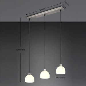 Moderna lampada a sospensione Reality Molly, nichel opaco, con 3 sfere in vetro bianco. Ideale per sale da pranzo.
