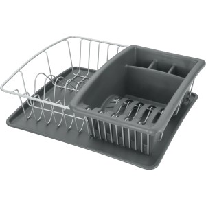 Scolapiatti grigio per cucina con cestello portaposate e vaschetta raccogligocce.