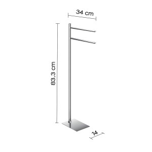 Portasciugamani freestanding cromato con due bracci e base quadrata.