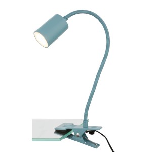 Lampada da tavolo LED blu con morsetto e braccio flessibile.