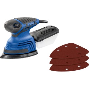 Levigatrice multifunzione LUX E-MUS-21 con scatola antipolvere e fogli abrasivi.