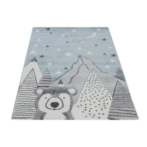 Tappeto per bambini blu con orso, montagne, stelle e luna.