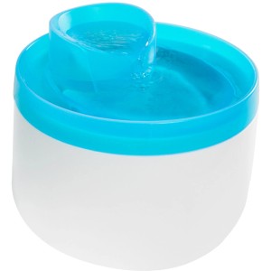 Fontanella per gatti con bordo blu e acqua corrente.