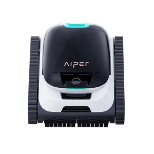 Robot per piscina Aiper, base bianca, parte superiore nera con cingoli.