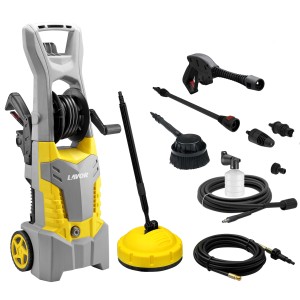Idropulitrice giallo-grigia con accessori come ugelli, spazzole e tubi.