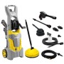 Idropulitrice giallo-grigia con accessori come ugelli, spazzole e tubi.
