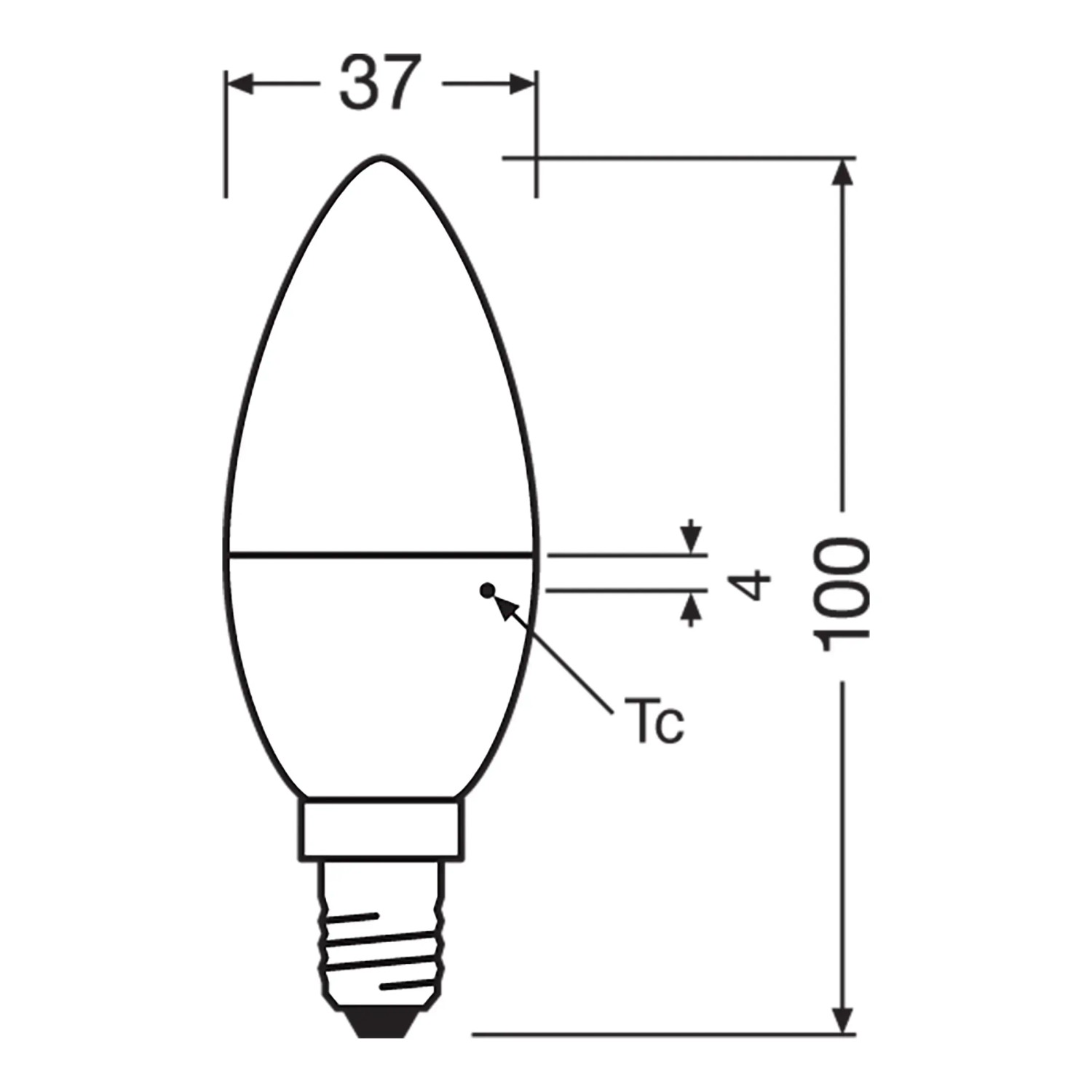 Disegno tecnico Osram LED E14 a forma di candela, dimensioni: 10 x 3,7 cm (A x Ø)