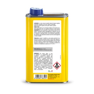 Olio per legno in latta gialla con tappo blu. Adatto per pavimenti in legno e altre superfici in legno.