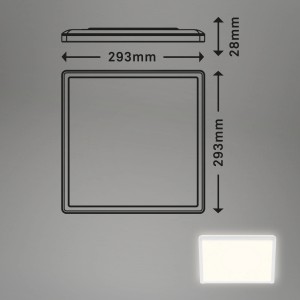 Dimensioni della plafoniera a LED Brilo Slim, 18W, quadrata, bianca, con 293x293x28mm.