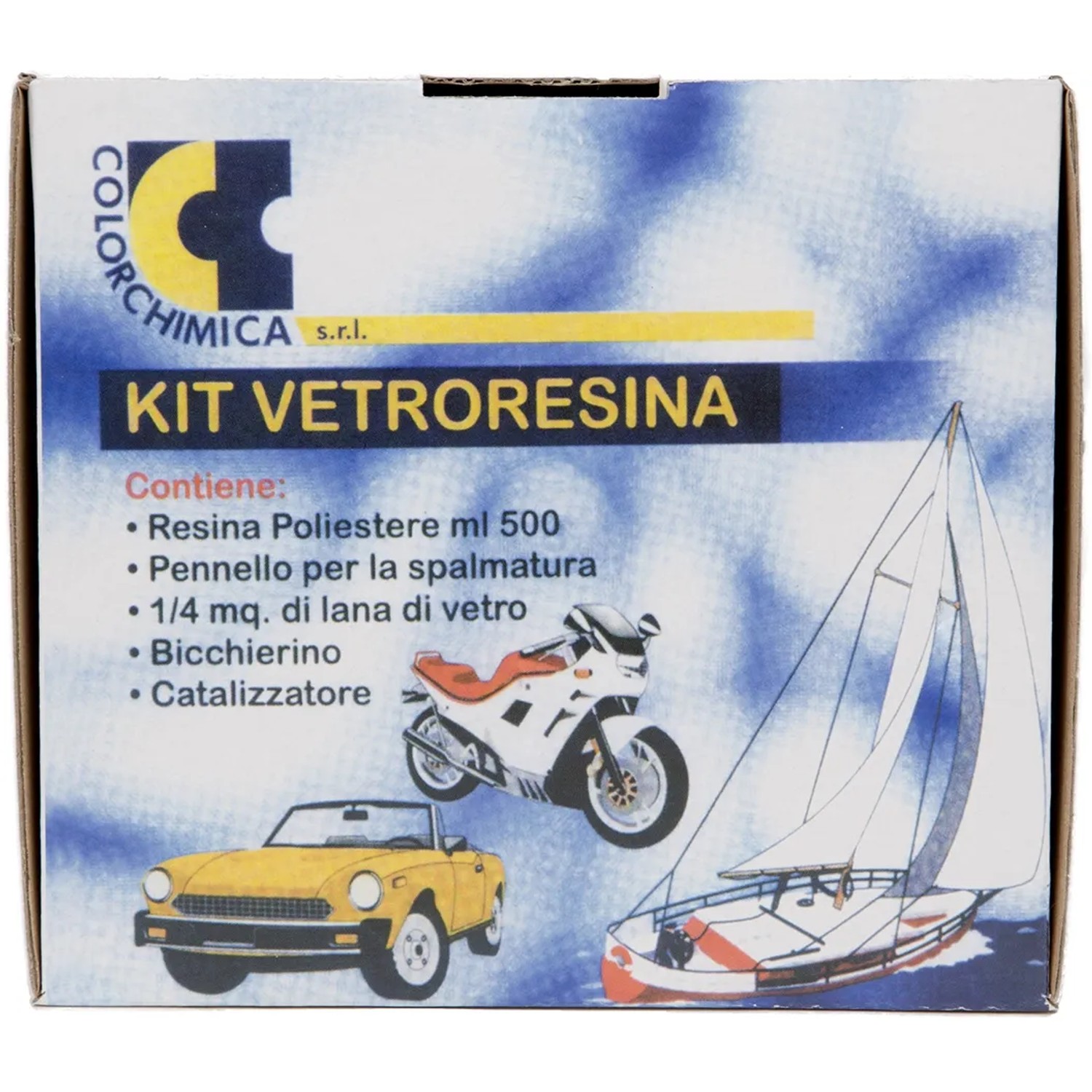 Confezione di un kit di riparazione in vetroresina con resina poliestere, pennello, stuoia in fibra di vetro e indurente.