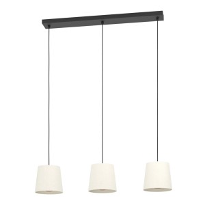 Lampada a sospensione a tre luci con paralumi in tessuto color crema e sospensione nera.