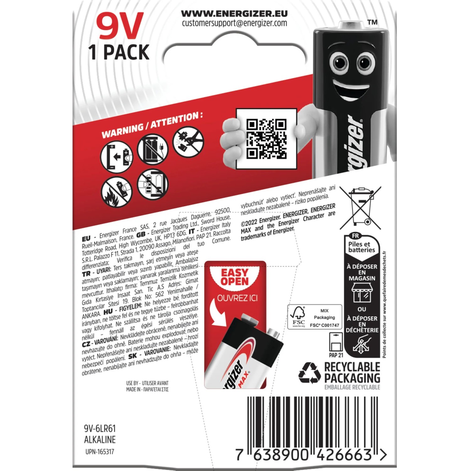 Batteria Energizer Max 9V, blocco E alcalino per dispositivi esigenti.